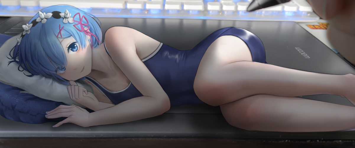 蓝色短发少女泳衣造型，高清4K动漫壁纸，3440x1440分辨率，电脑画板专属