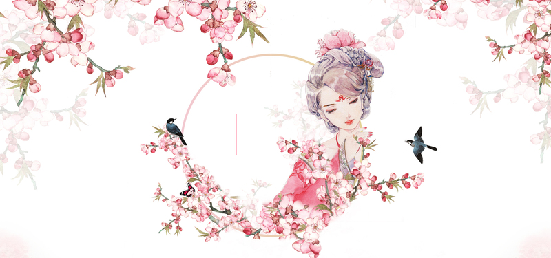 粉色小清新手绘桃花背景，高清JPG与简约PSD设计素材下载