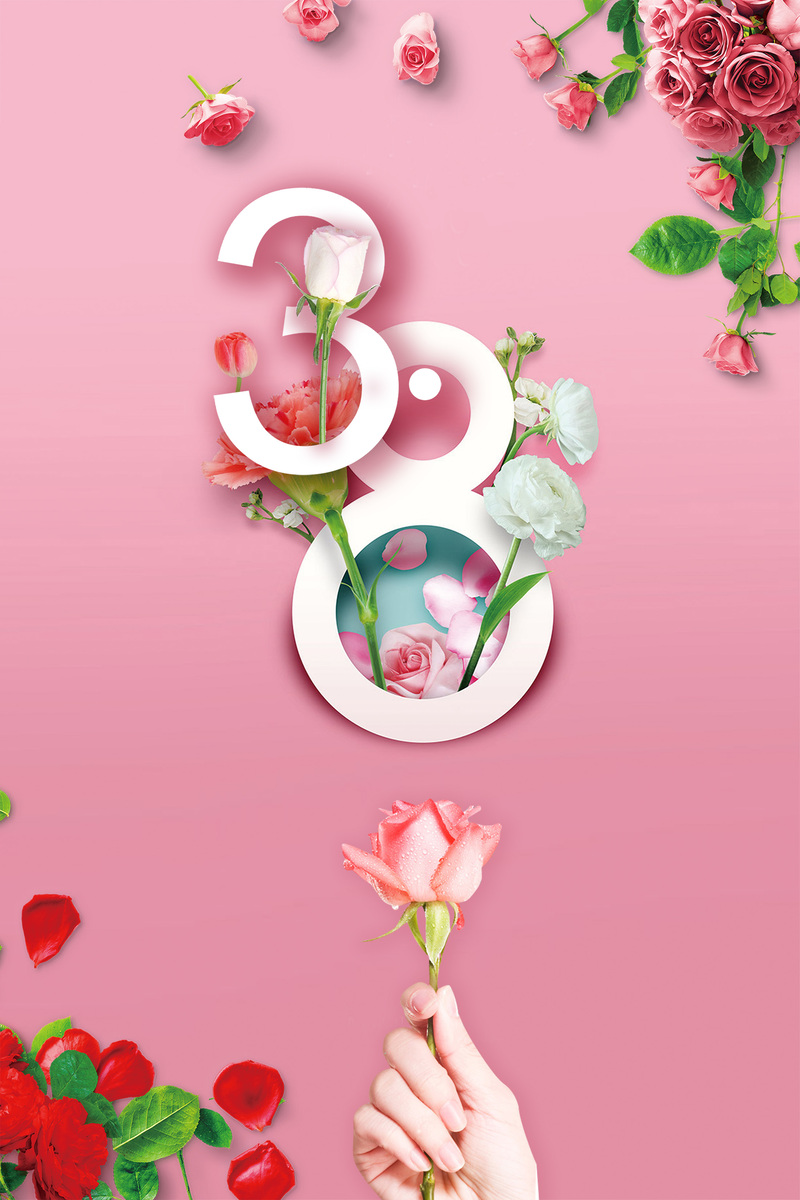 粉色玫瑰简约女神节海报设计素材，高清JPG/PSD格式，三八节必备下载