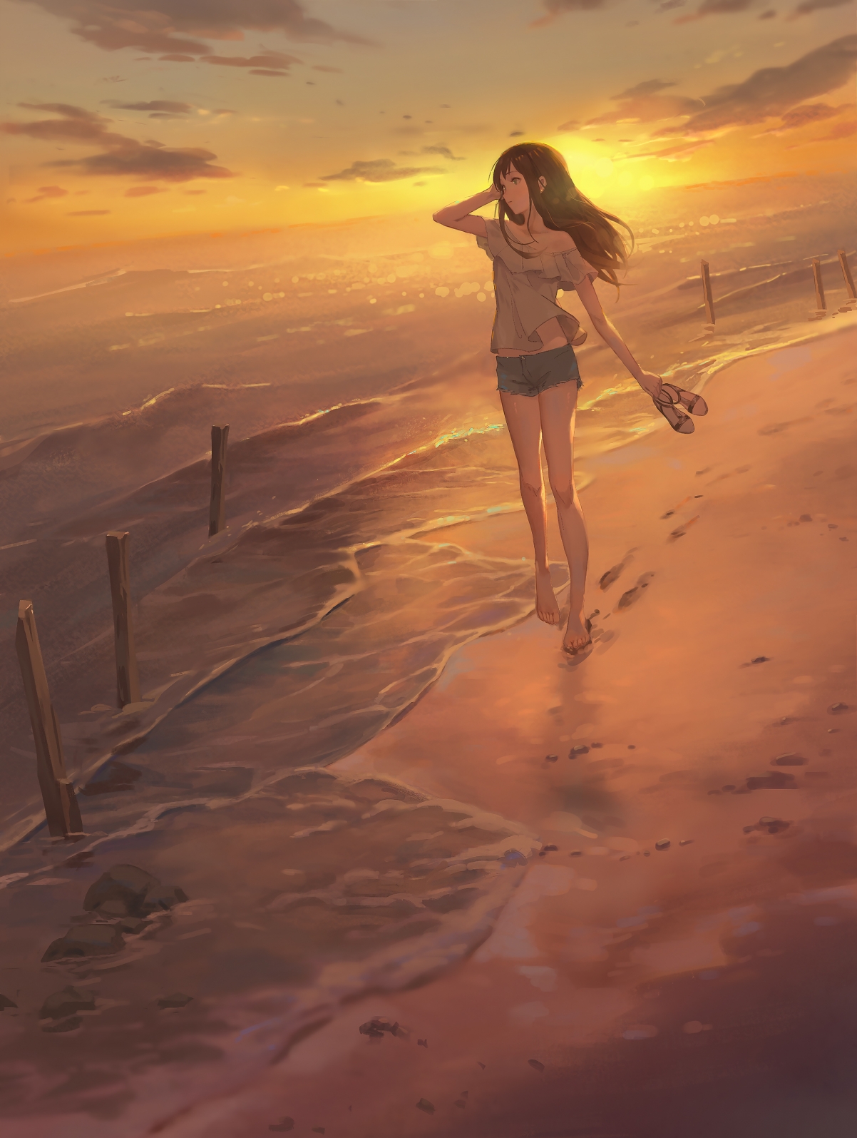 动漫少女光脚漫步海边，全面屏4K高清壁纸，2000x2654分辨率下载