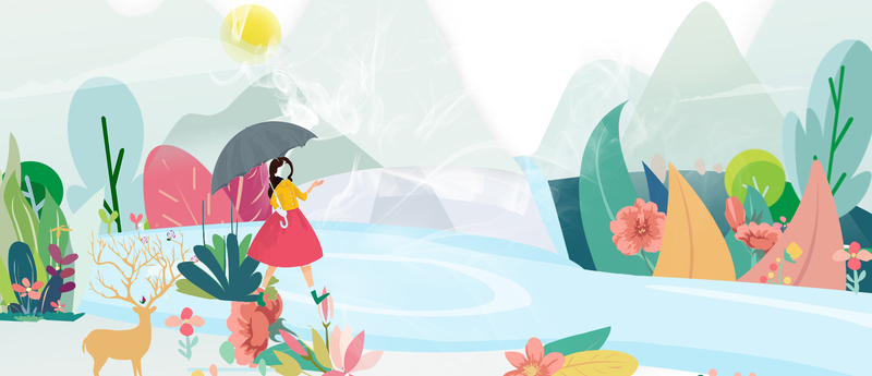 春日踏青手绘插画，文艺绿banner设计素材，高清JPG/PSD下载
