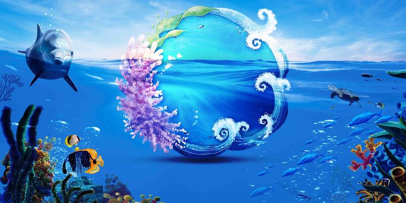 创意海洋世界水族馆，高清JPG展板背景，简约扁平PSD设计素材下载