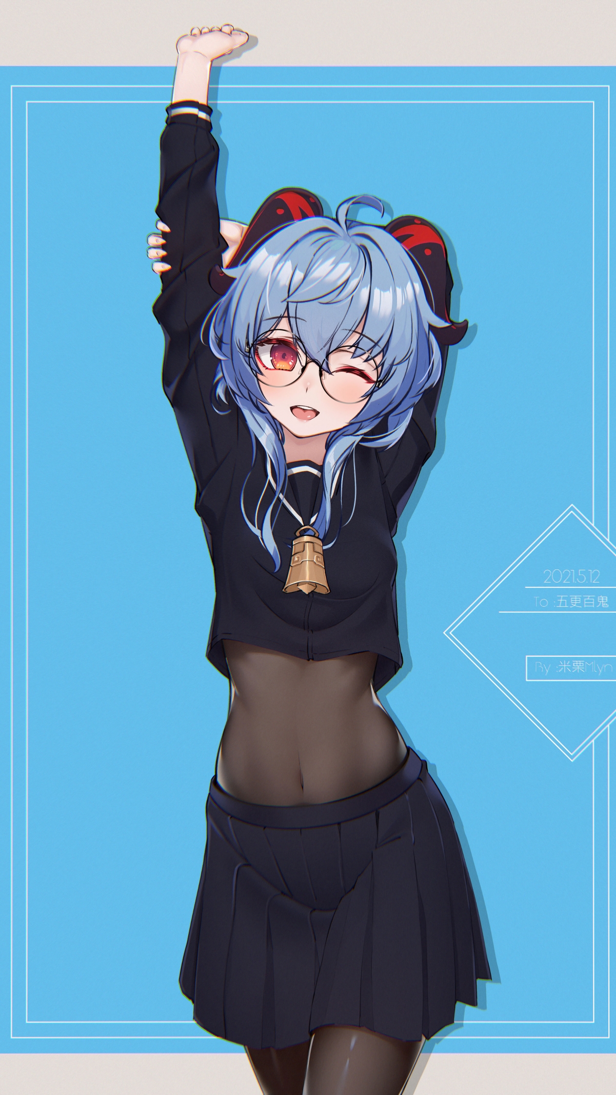黑色水手服萌动漫少女，性感肚脐搭配黑丝，超高清4K竖屏手机壁纸