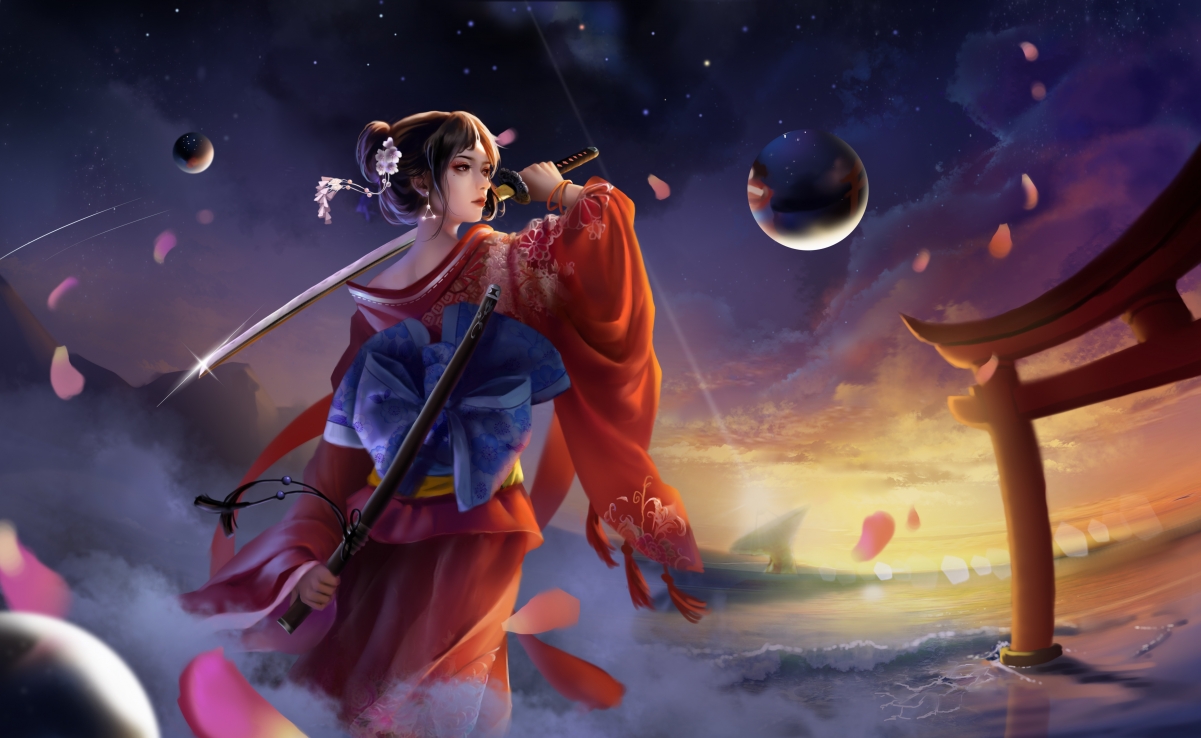 三体智子，和服武士刀风采，绝美动漫女神4K超清壁纸，高清4884x3000下载