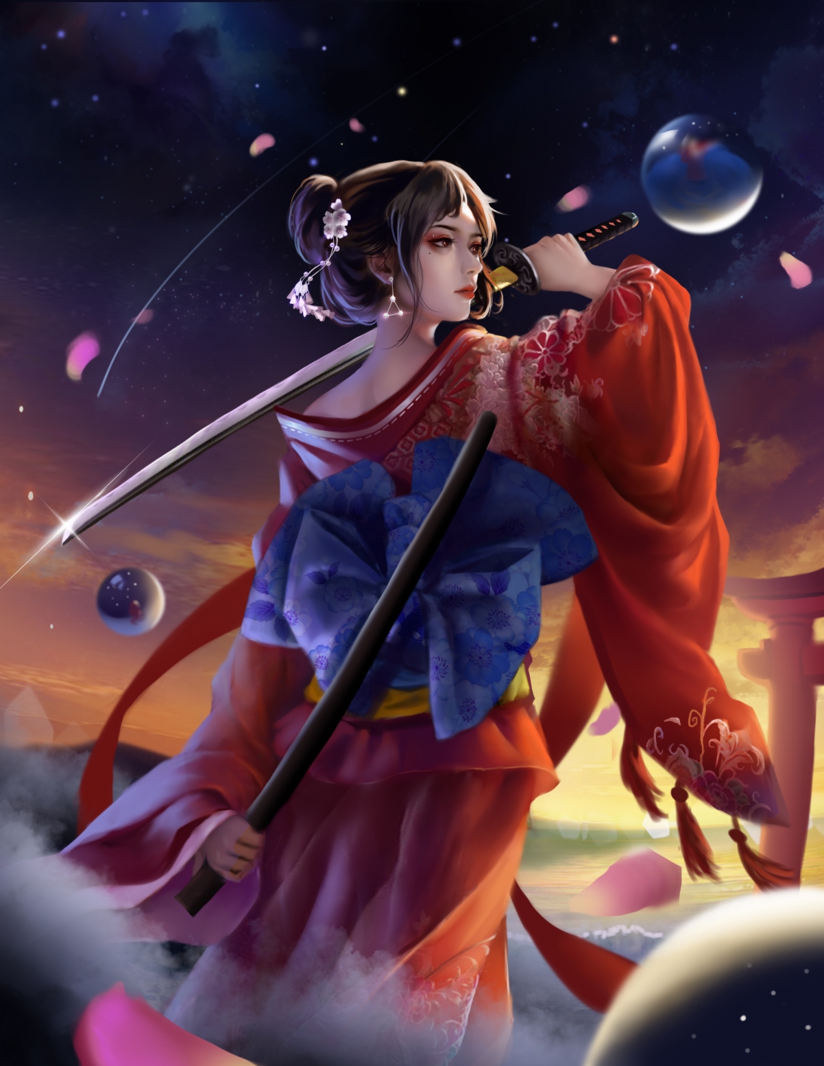 三体智子、和服武士刀与动漫美女，超高清4K全面屏手机壁纸，2320x3000分辨率，免费下载！