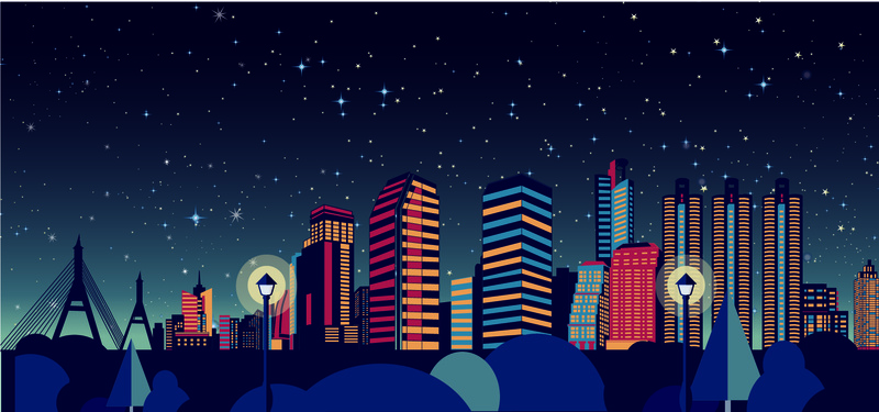 高清JPG海报背景，城市灯火璀璨，夜星空映衬，简约扁平AI设计素材下载