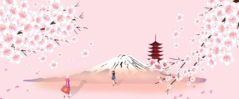 日本樱花节手绘女子小清新粉色Banner，高清JPG与简约PSD格式素材下载
