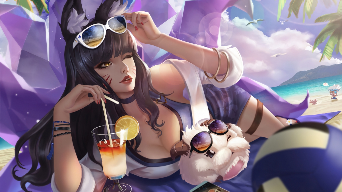 夏日海滩九尾妖狐KDA同人壁纸，高清4K阿狸游戏图片，3840x2160分辨率，免费下载