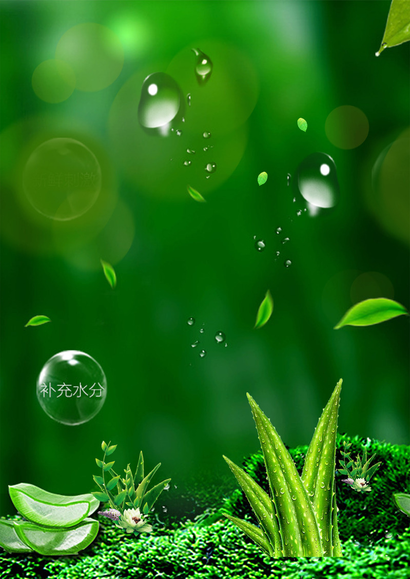 绿色森林水珠芦荟叶高清背景图，商务科技PSD素材下载