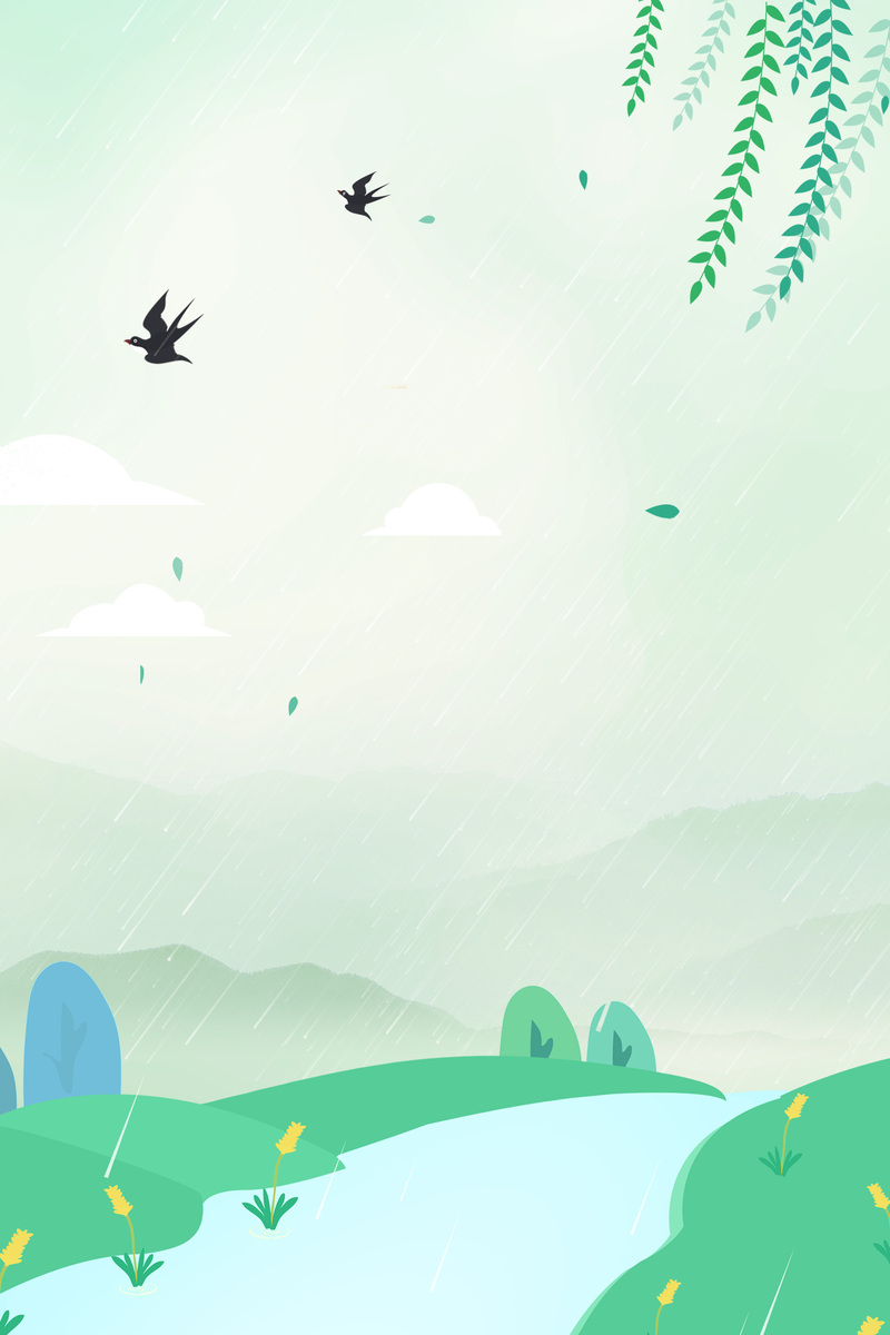 小清新春天燕子柳叶绿地风景插画，简约背景设计素材，高清JPG/PSD下载