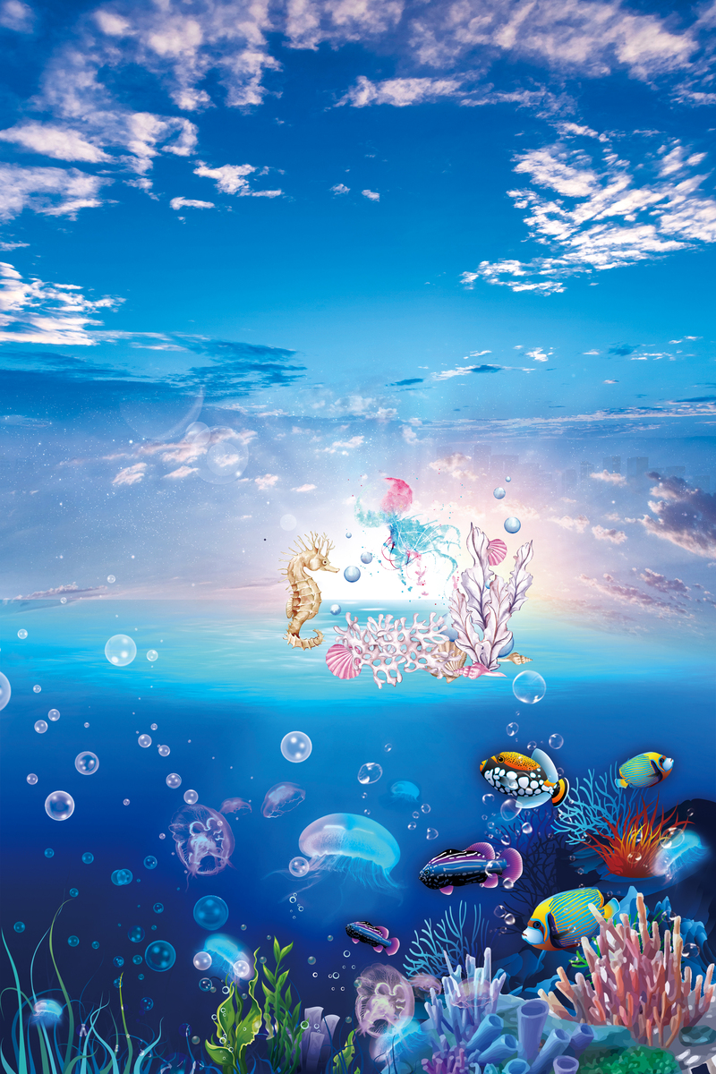 蓝色大气浮潜旅游海报设计素材，高清JPG+扁平PSD，简约风格下载