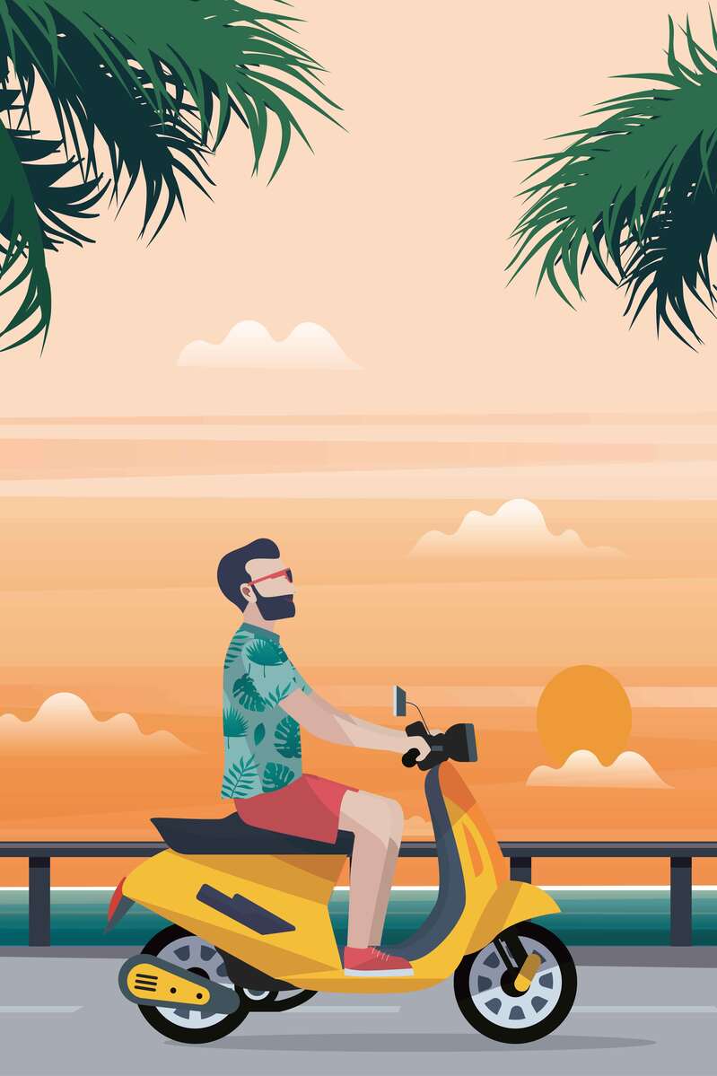 扁平化橙色电动车插画背景，高清JPG与简约AI设计素材下载