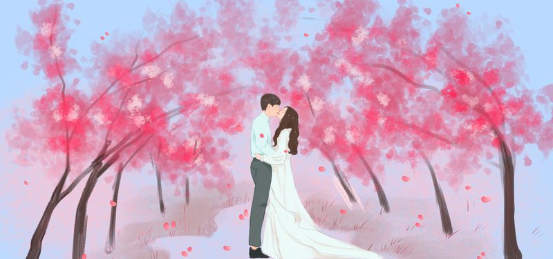 七夕情人节樱花树插画，梦幻爱情海报设计素材，高清JPG/简约PSD格式下载