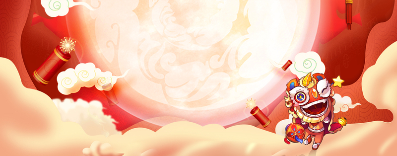 新年舞狮喜庆红色banner，卡通扁平设计，高清JPG/简约PSD素材下载