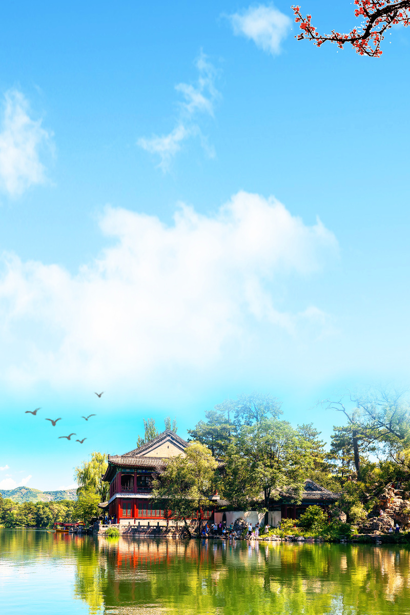 夏季承德避暑山庄高清旅游海报，扁平简约PSD设计素材下载