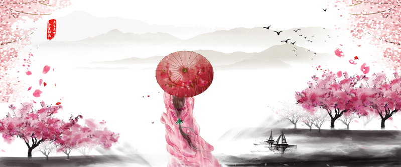 十里桃花粉色卡通背景素材，高清JPG/PSD商务科技设计资源下载