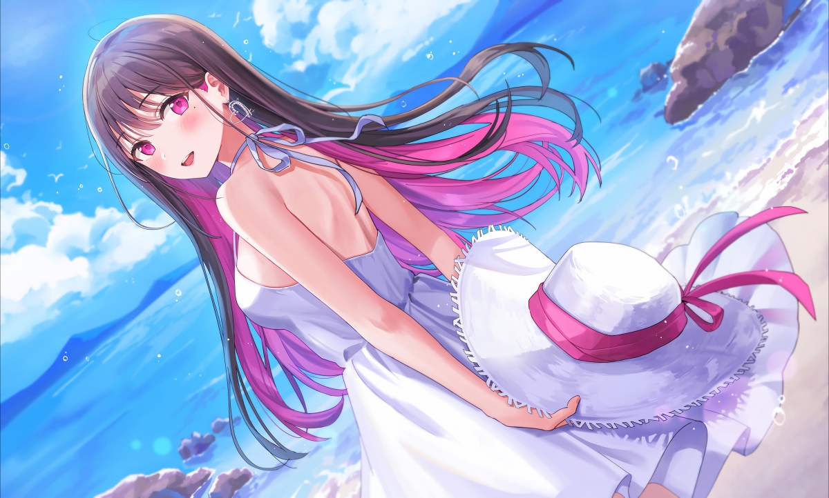 夏日海边回眸，白裙长发美女戴帽，绝美4K动漫壁纸高清下载