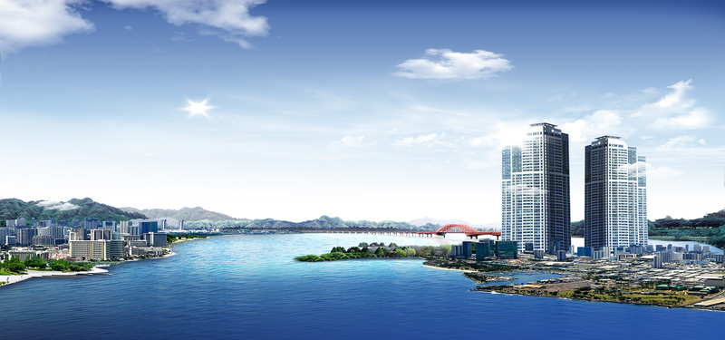 海景城市商务蓝调淘宝海报背景，高清JPG/PSD设计素材下载