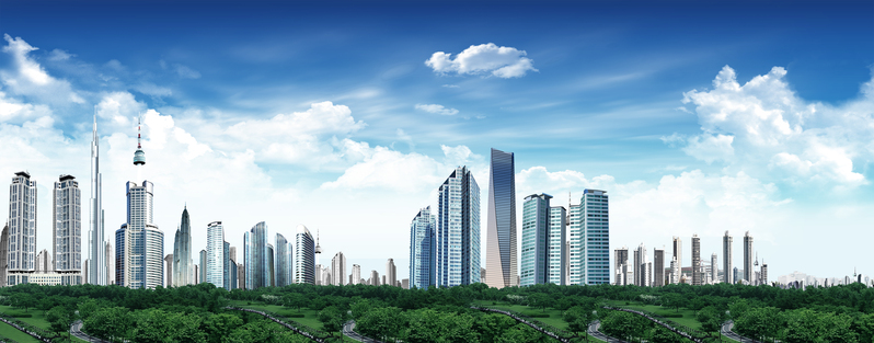 城市绿化设施与建筑PSD分层高清图，商务科技设计素材，JPG格式免费下载