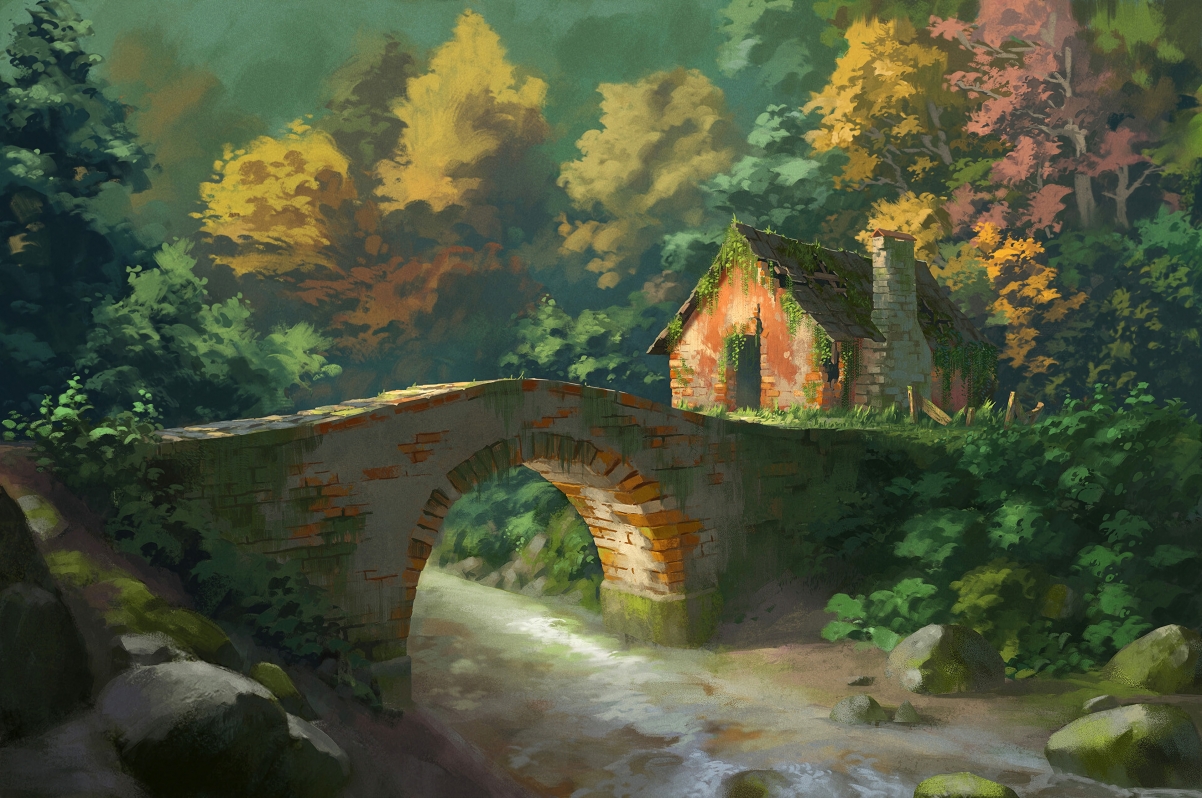 森林桥梁房屋河流美景，4K高清风景绘画壁纸，3840x2548超高清下载