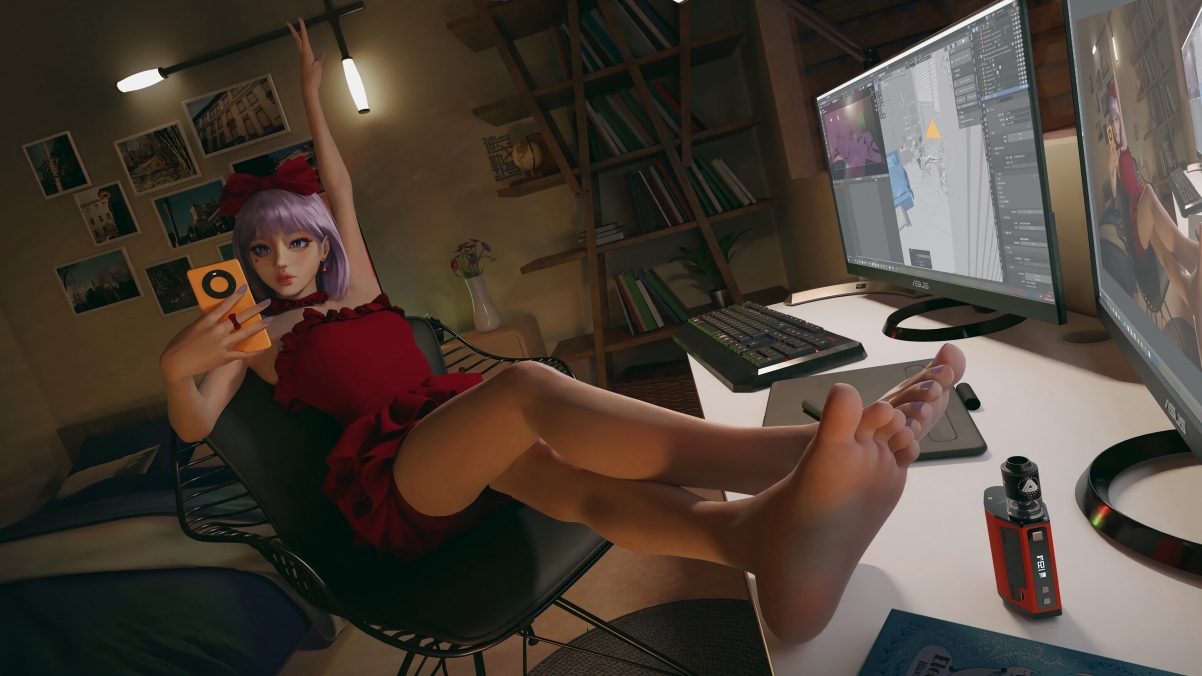 房间一角，红裙紫发女孩与电脑桌椅，华为自拍展现4K动漫壁纸之美