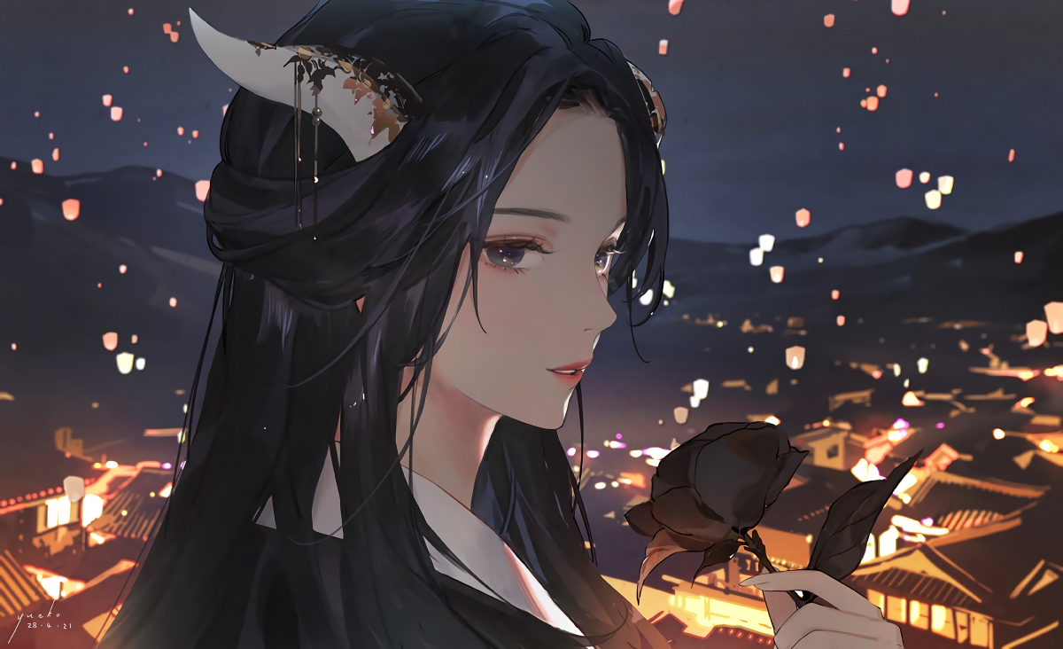 灯笼节梦幻之夜，二次元兽角女孩动漫壁纸，4K超清4000x2440，一键下载
