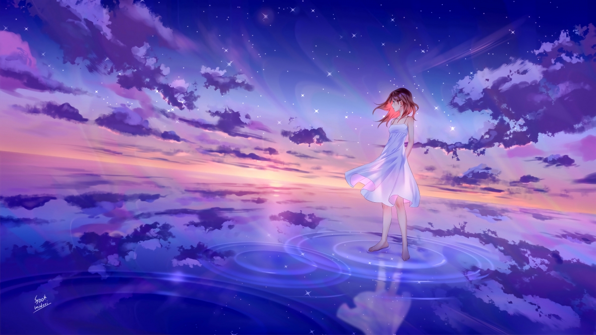 海边白衣少女，水边星空映照，唯美4K动漫壁纸高清下载