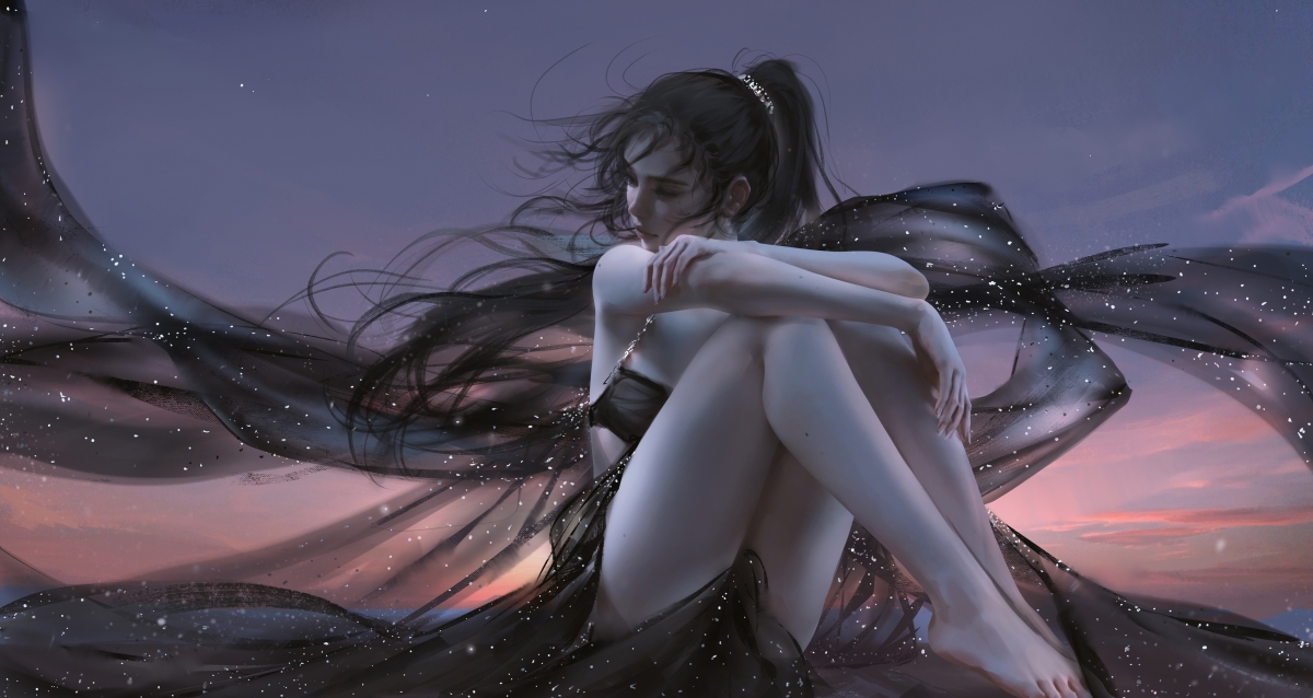 天空女神穿黑色唯美裙装，厚涂风格4K超清动漫壁纸，4096x2176高清下载