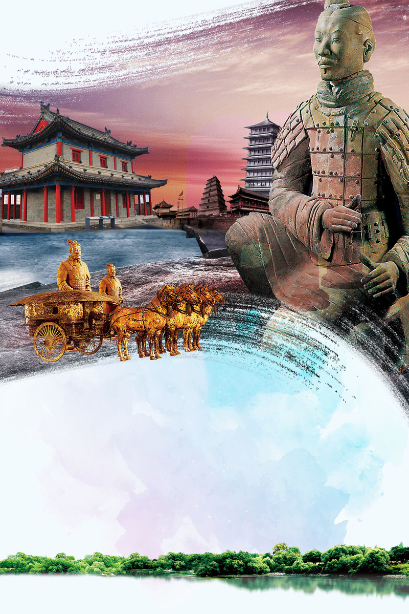 西安古城文化遗产旅游海报，高清JPG分层背景，商务科技PSD设计素材下载