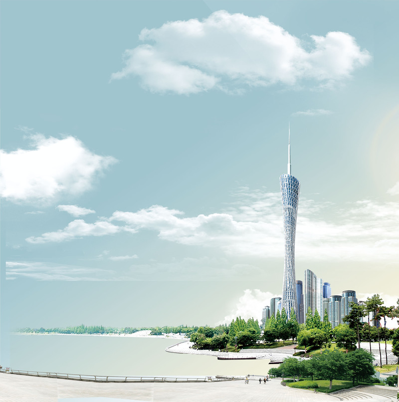 沿海城市房地产开发素材，白云大海背景高清JPG及商务科技PSD下载