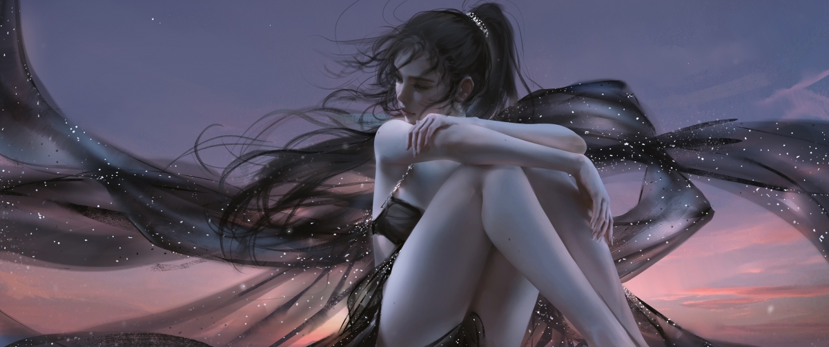 夜晚星空下，女孩身着黑色唯美长裙，超清4K动漫壁纸下载（3440x1440带鱼屏）