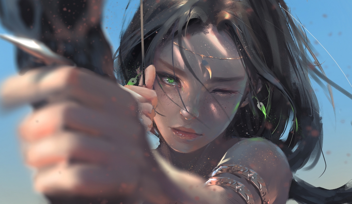 美女绿眸弓箭手，厚涂风4K动漫壁纸，高清大图3985x2316免费下载