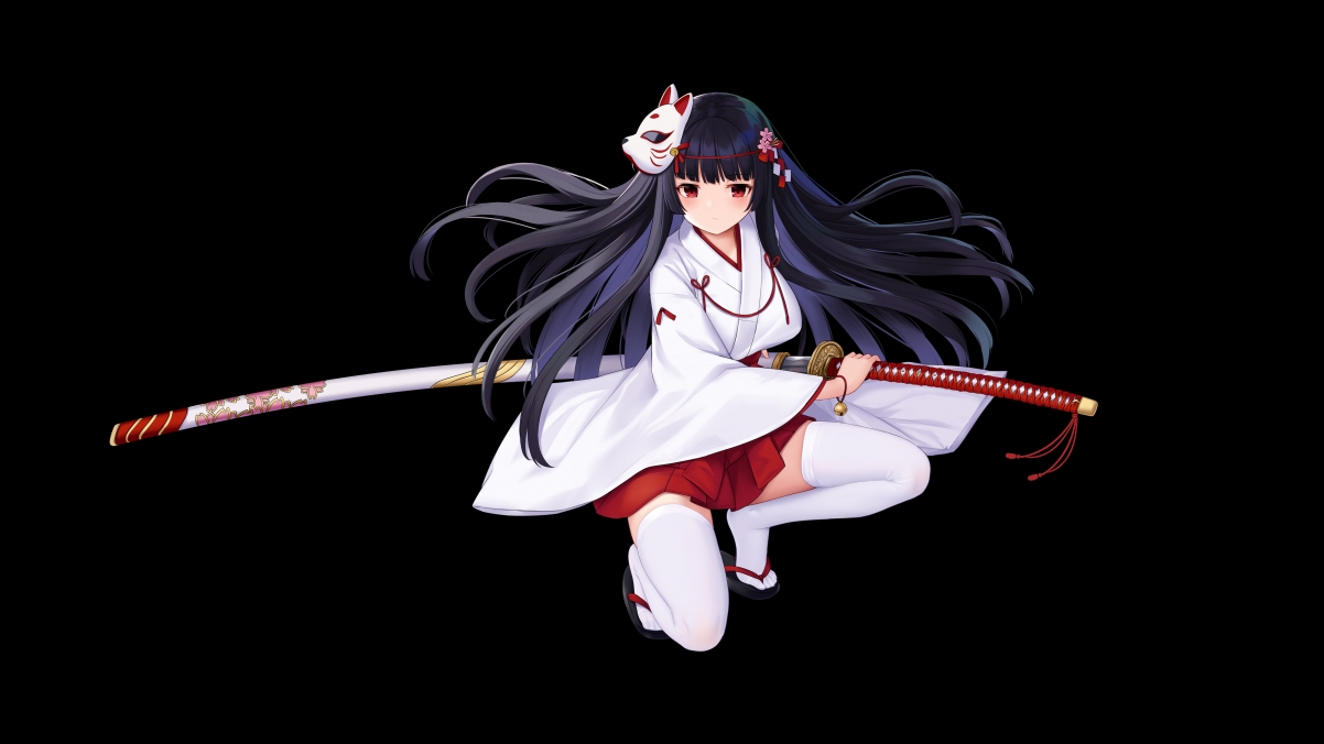 绝美巫女武士，持刀英姿，白袜映衬，高清4K动漫壁纸，3840x2160超高清下载