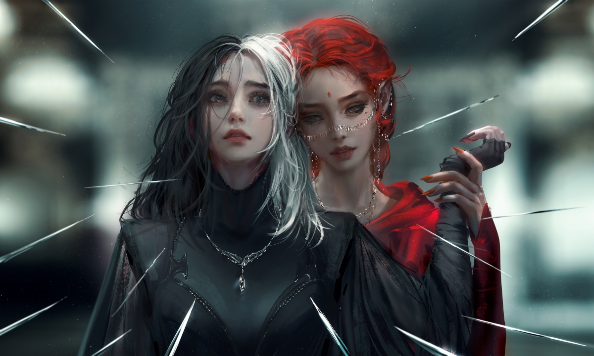 黑白魔女与红发美女，唯美厚涂画风，4K高清动漫壁纸下载（4000x2400）
