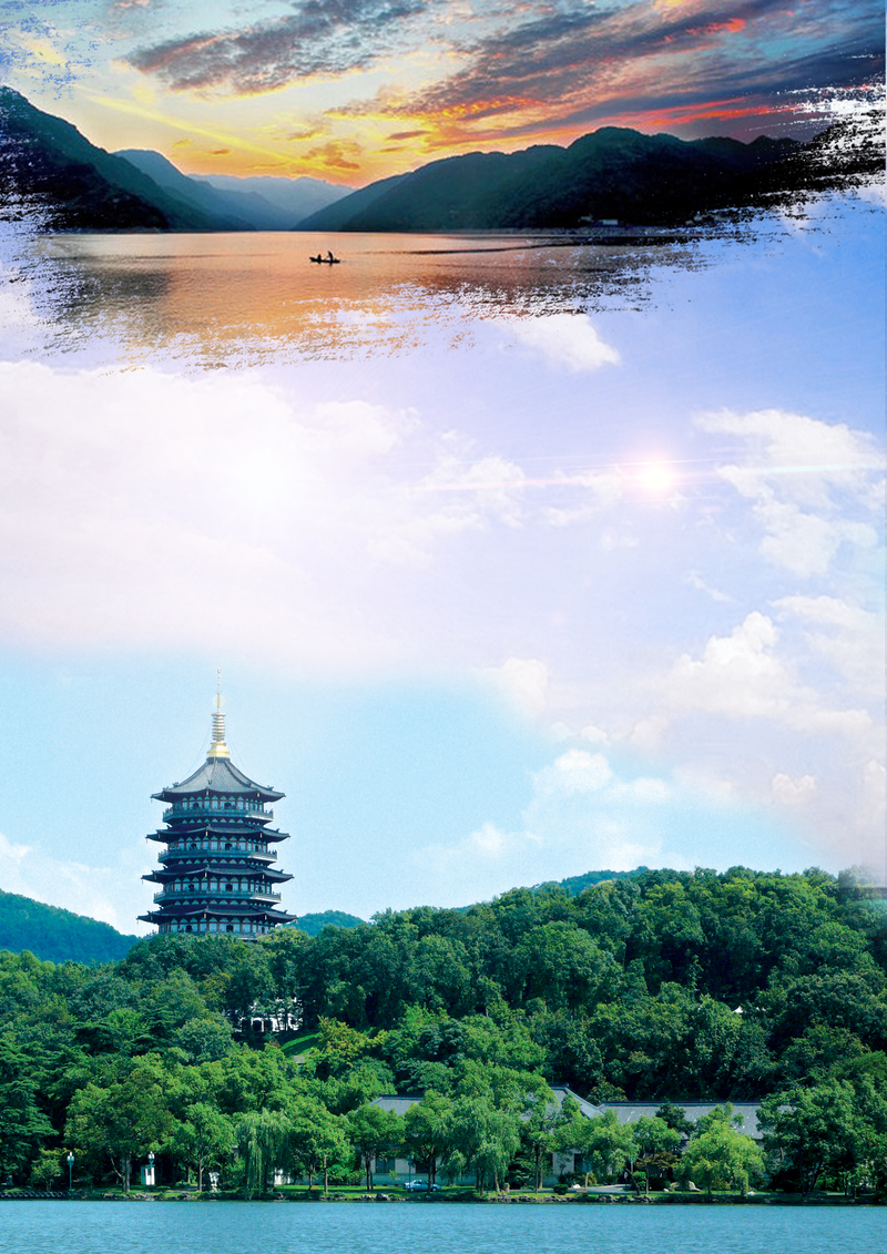 杭州西湖旅游美景，商务科技PSD海报背景，高清JPG素材下载