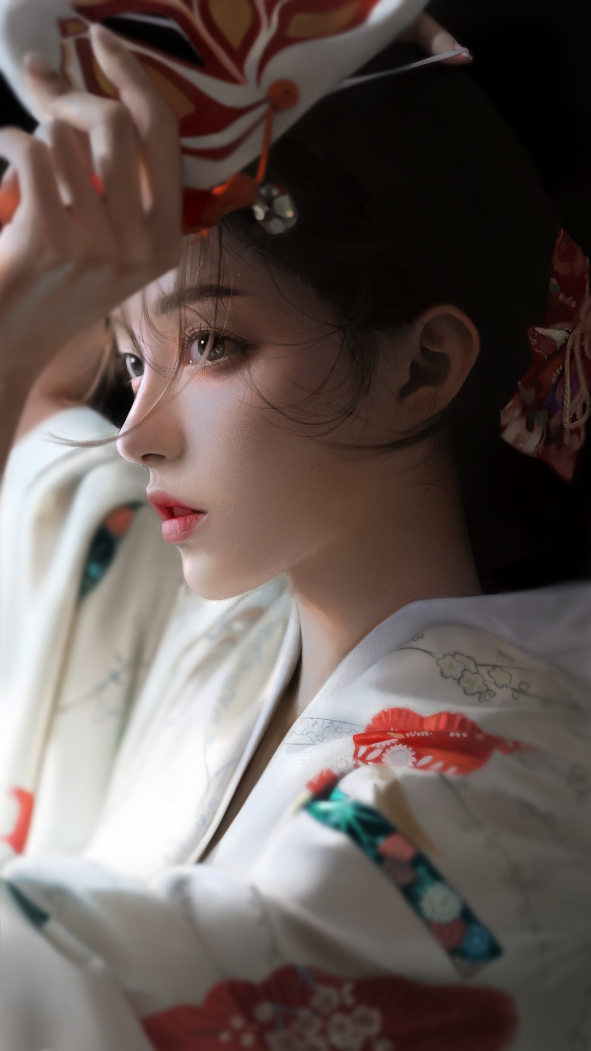 和服美女侧颜面具壁纸，超清4K全面屏手机背景，1689x3000高清下载
