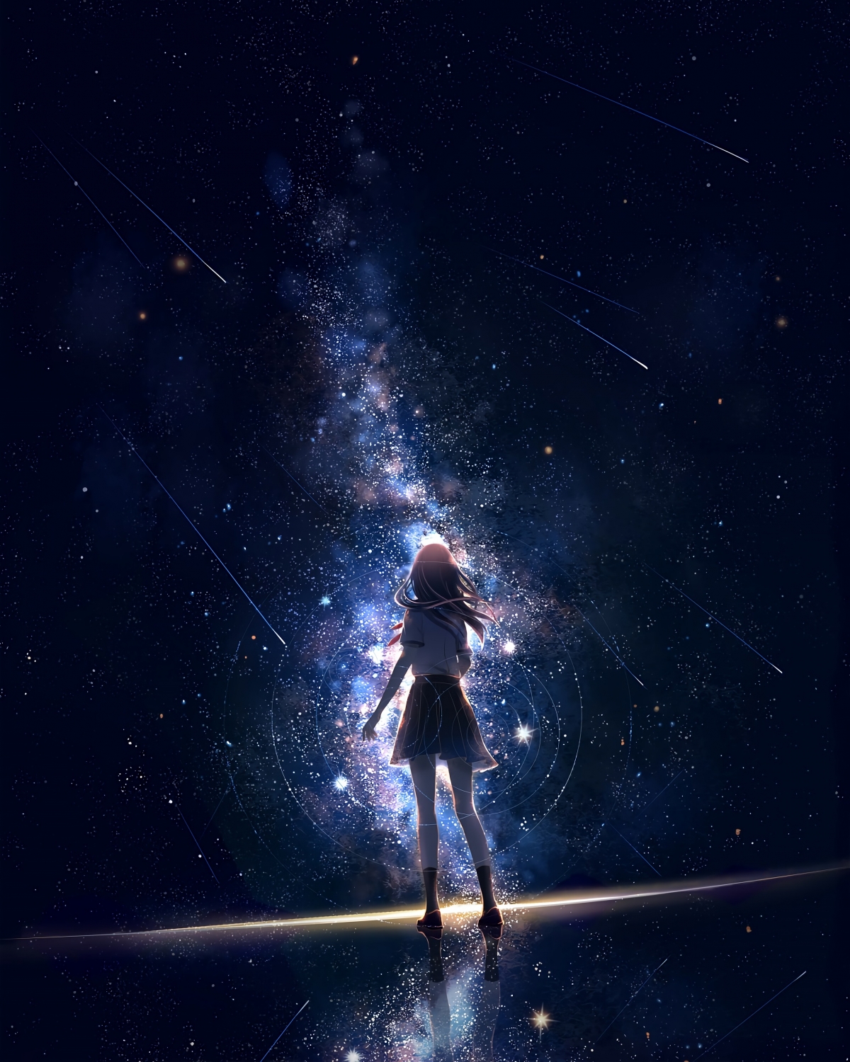 夜幕星空下，少女背影许愿，唯美全面屏4K壁纸高清下载