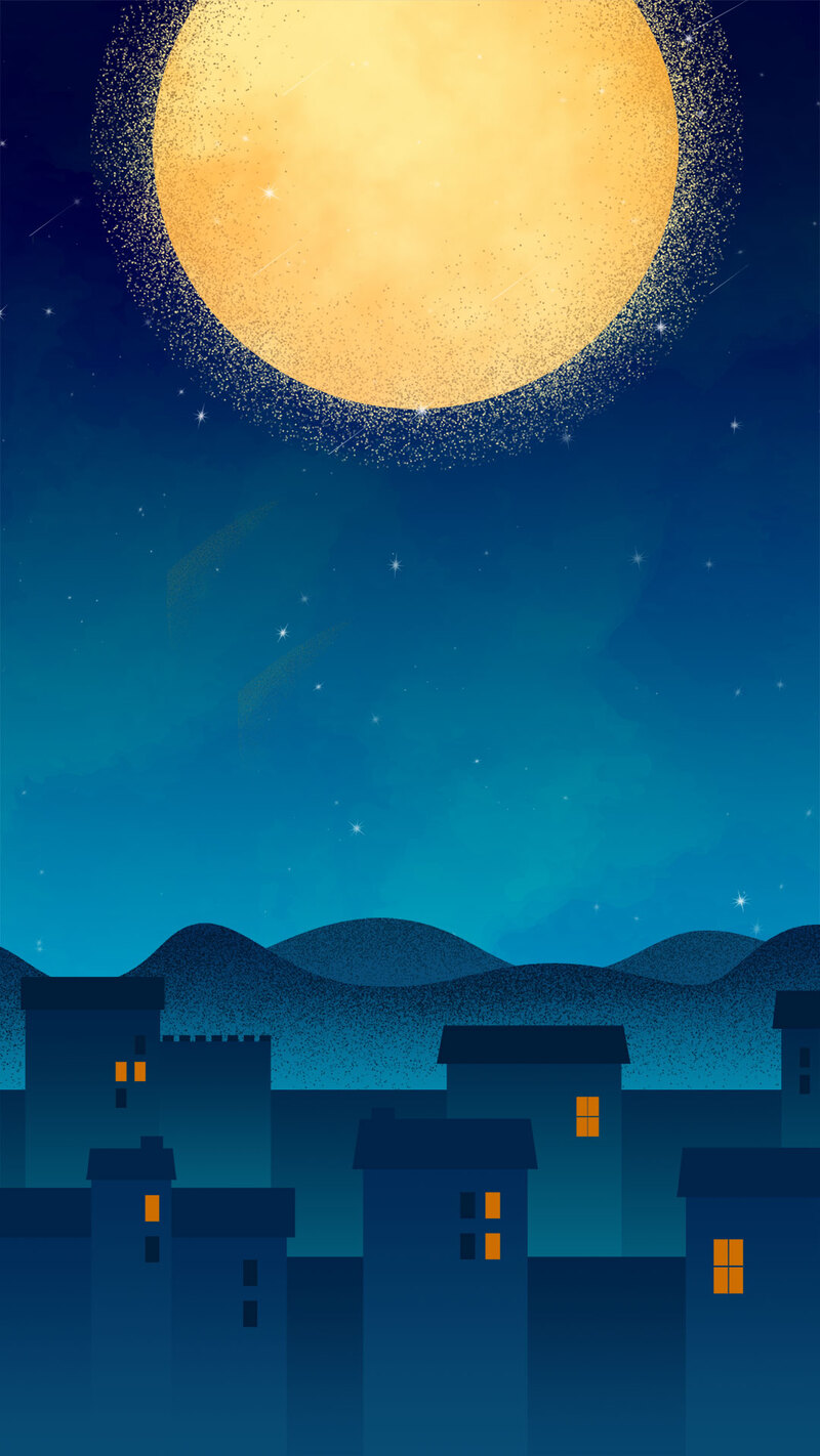 中秋夜星空插画，房屋H5背景，文艺清新JPG/PSD素材下载