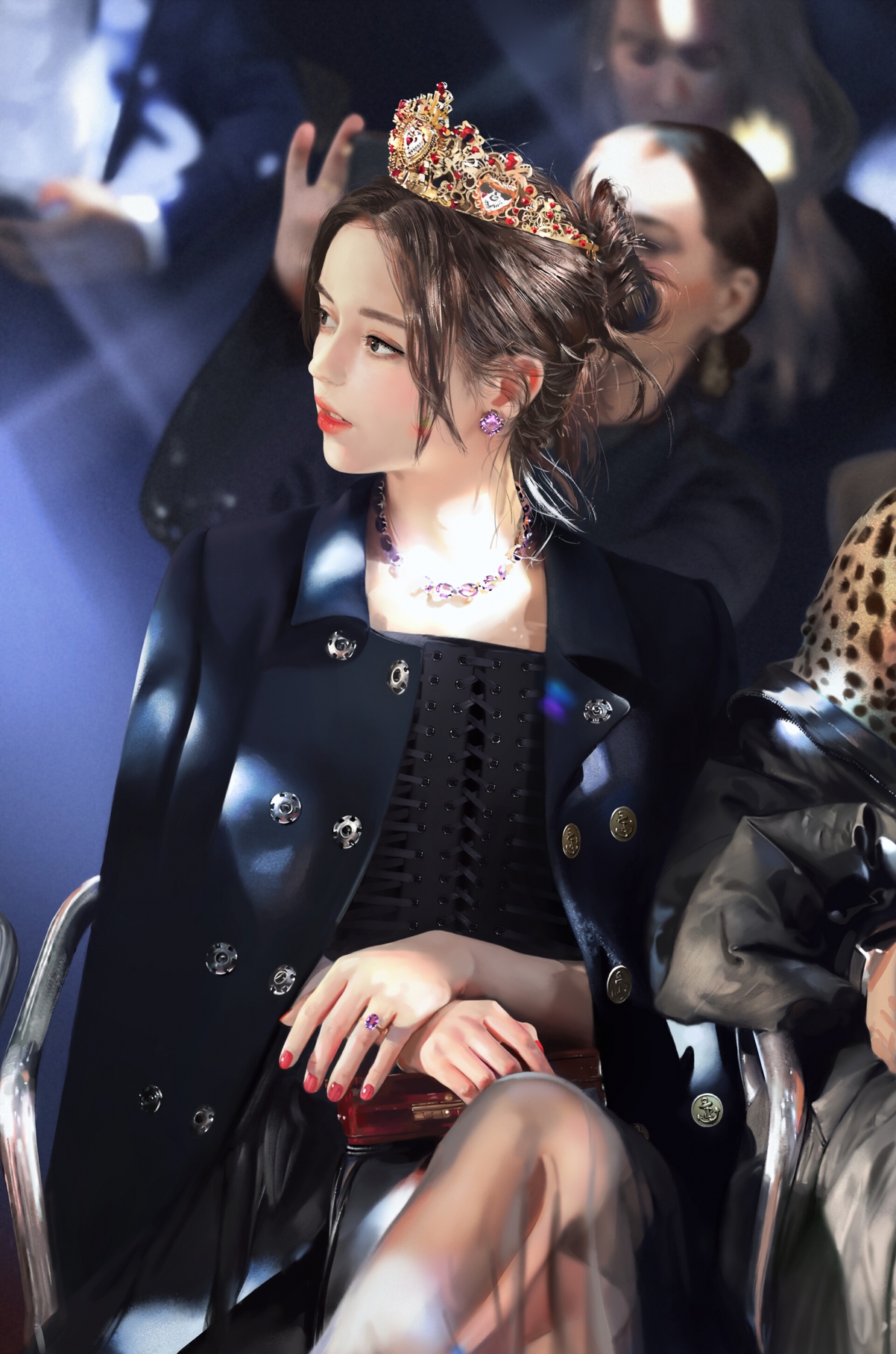 绝美侧颜女神佩戴皇冠，身着礼服，全面屏4K高清手机壁纸1920x2900下载