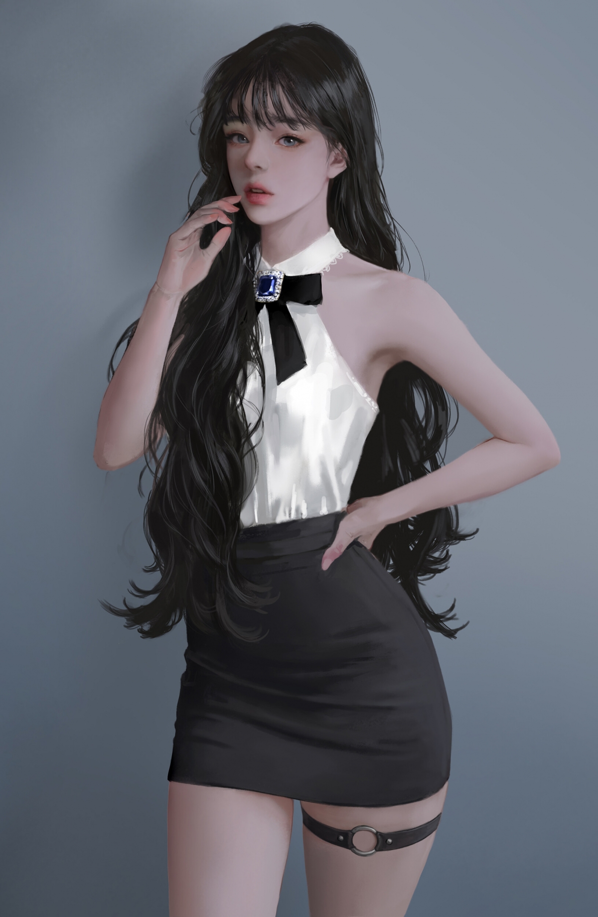 长卷发波浪美女高清壁纸，黑色短裙人物绘画，全面屏手机4K图片，1631x2500分辨率下载