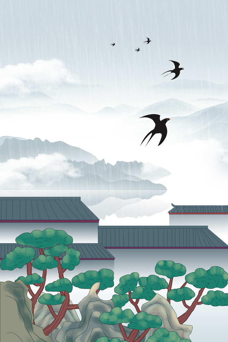 春日细雨燕归巢，屋檐水滴润树枝——唯美JPG/PSD设计素材下载