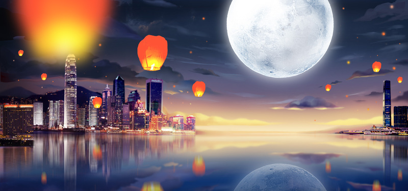 手绘月圆海报背景，文艺清新JPG/PSD格式高清设计素材下载