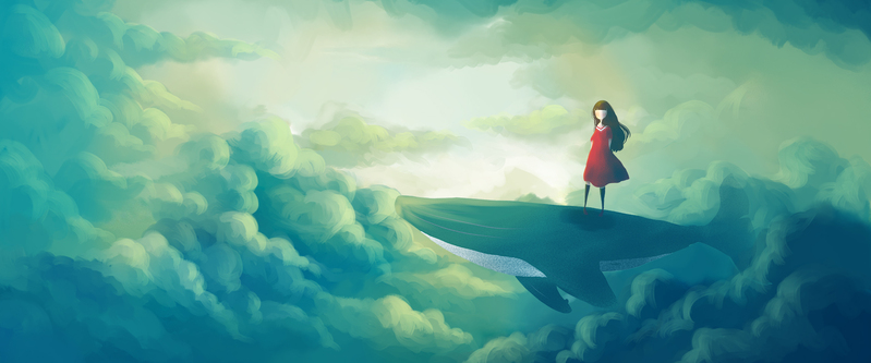鲸背之上的少女插画，高清JPG与文艺清新PSD设计素材下载