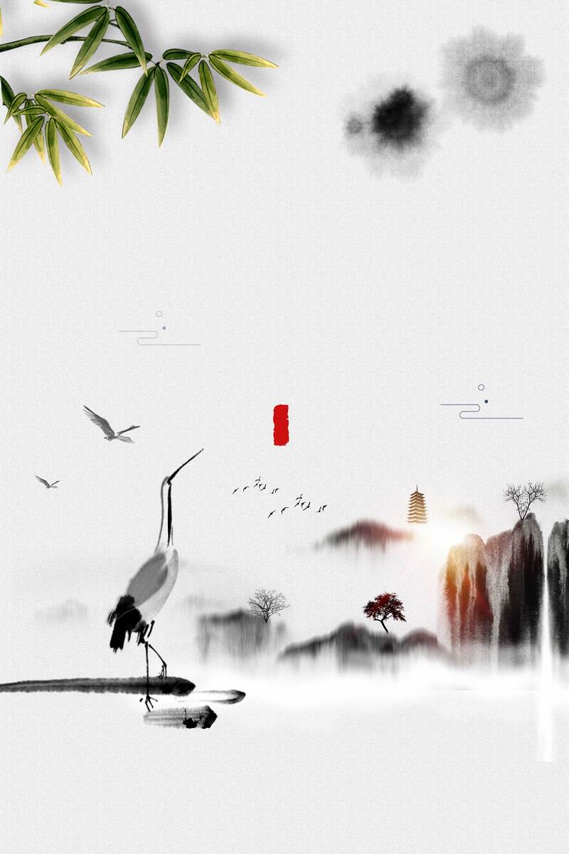 清明江南水墨仙鹤背景，文艺清新JPG/PSD设计素材下载