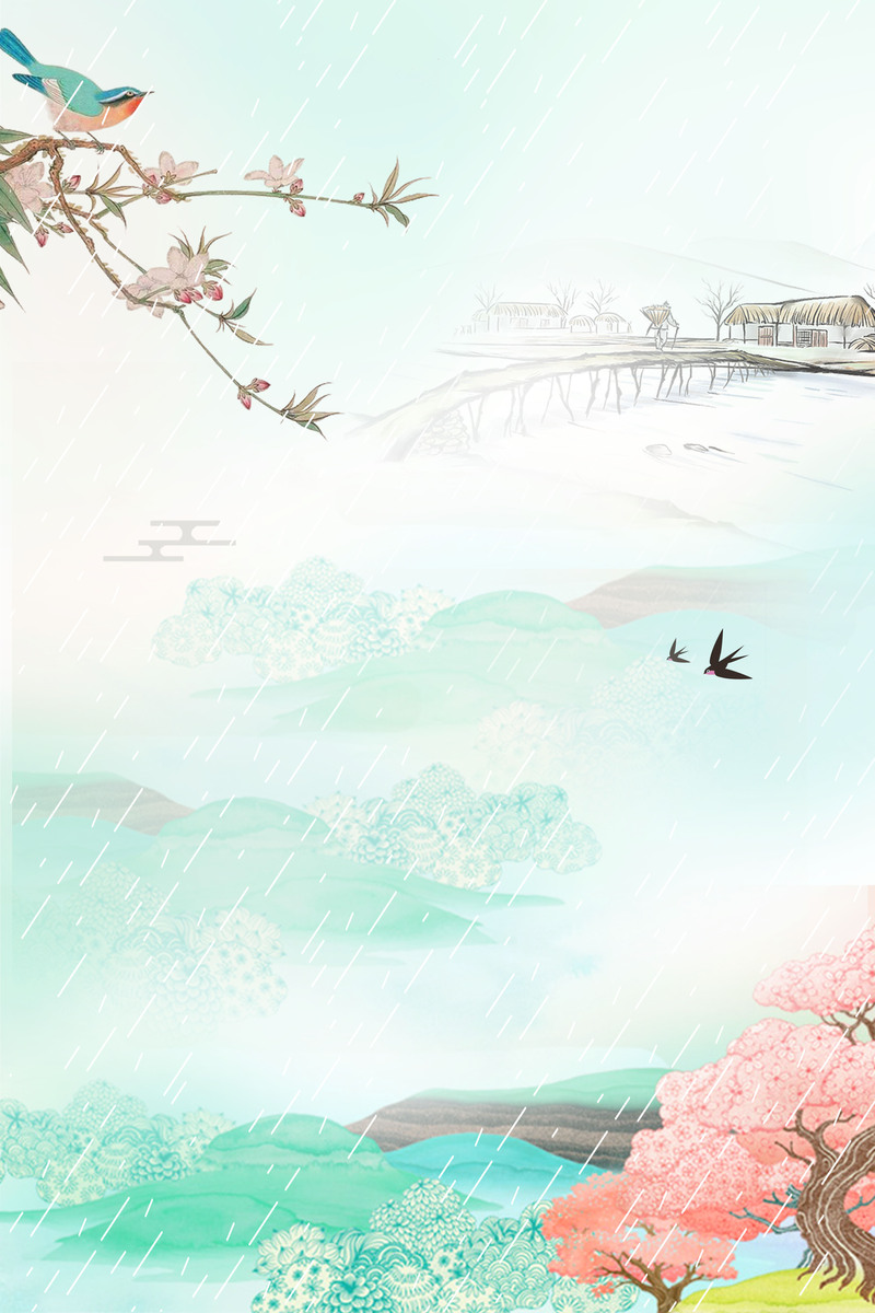 手绘清新春季雨水节气海报，高清JPG/PSD素材，文艺清新风格下载