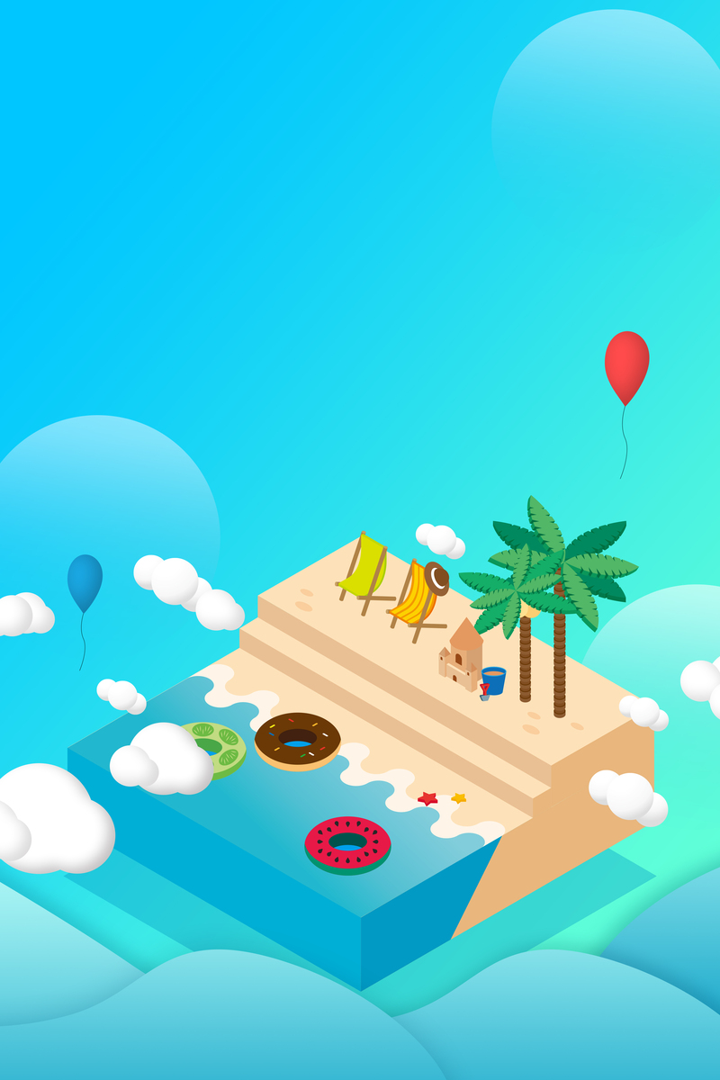 蓝色小清新海边派对海报，2.5D创意设计，JPG/PSD格式高清素材下载