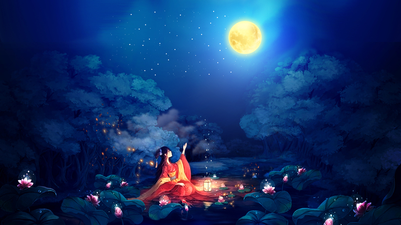 少女夜月下的星空，高清JPG图片，文艺清新素材下载