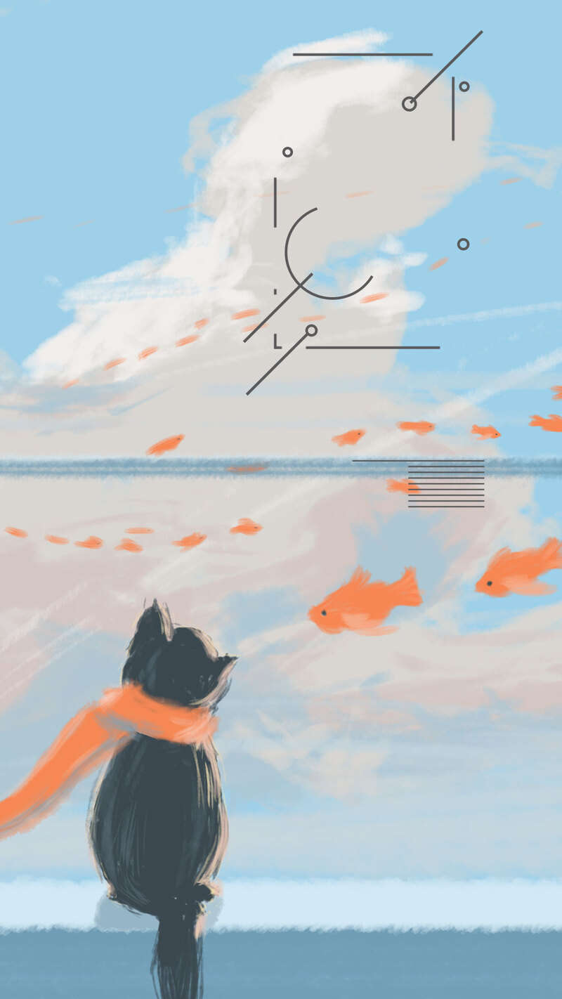 十二月文艺插画，悲伤云猫与清新天空，高清JPG/PSD设计素材下载