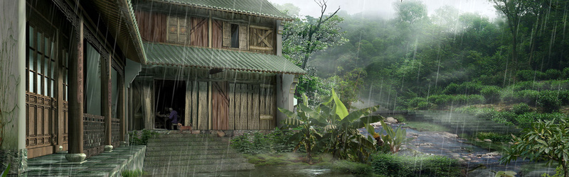 林间雨景小屋JPG图片，文艺清新PSD设计素材，高清下载