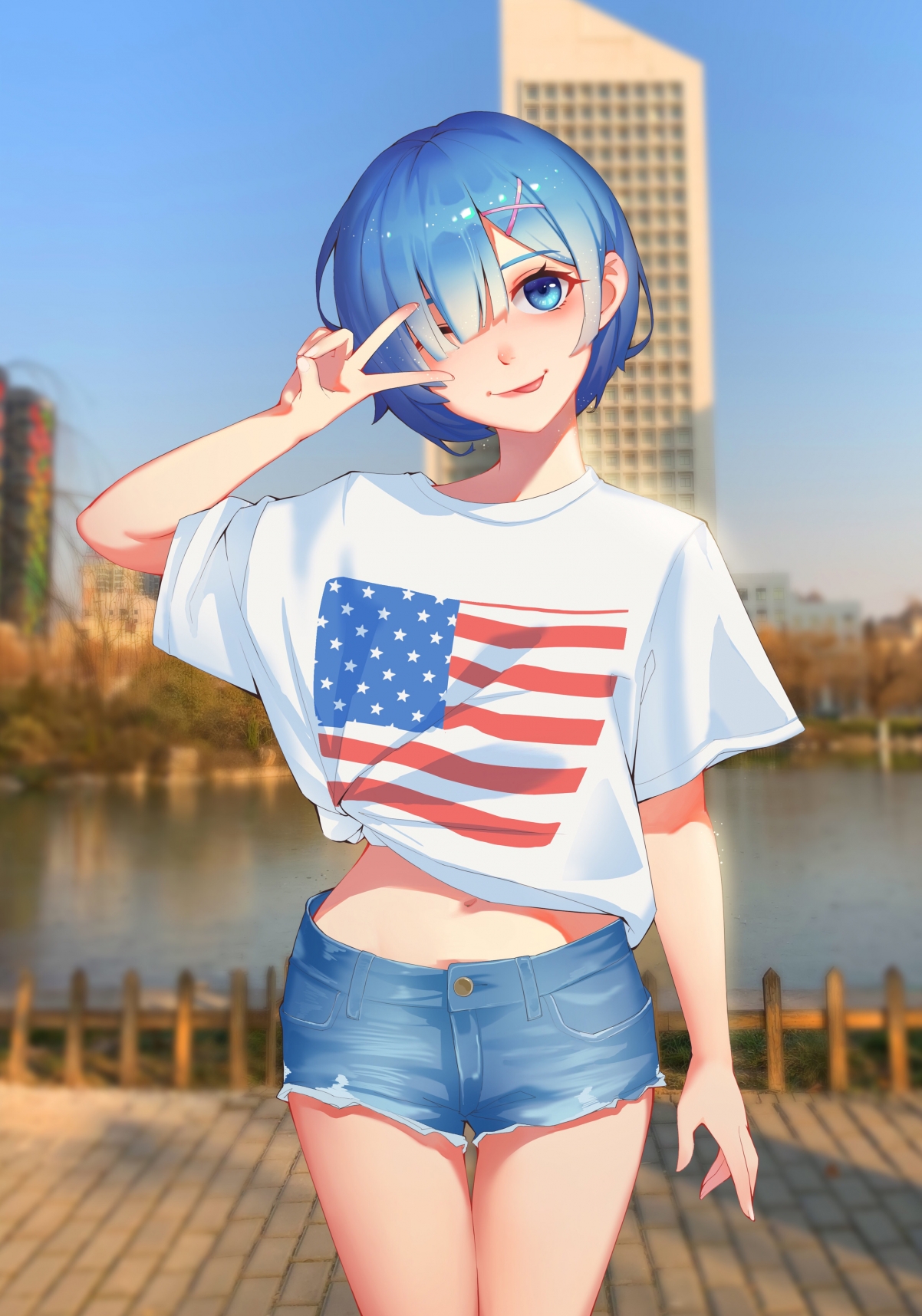 蕾姆4K动漫壁纸，牛仔短裤秀美腿，V字手势迷人，2688x3840高清下载